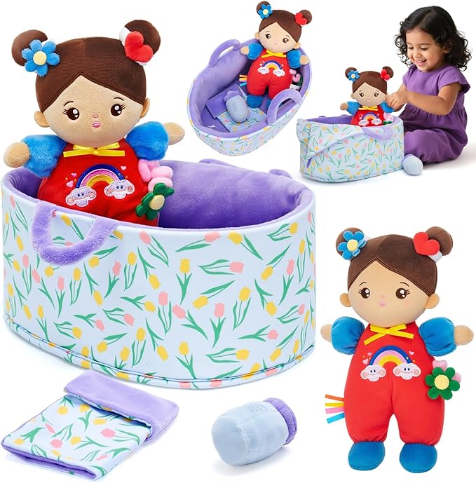 OUOZZZ 10" Soft Baby Doll Set, Hispanic Baby Doll Accessories Pretend Playset Doll for 2 Year Olds Girls Christmas Birthday Gift Brown Skin