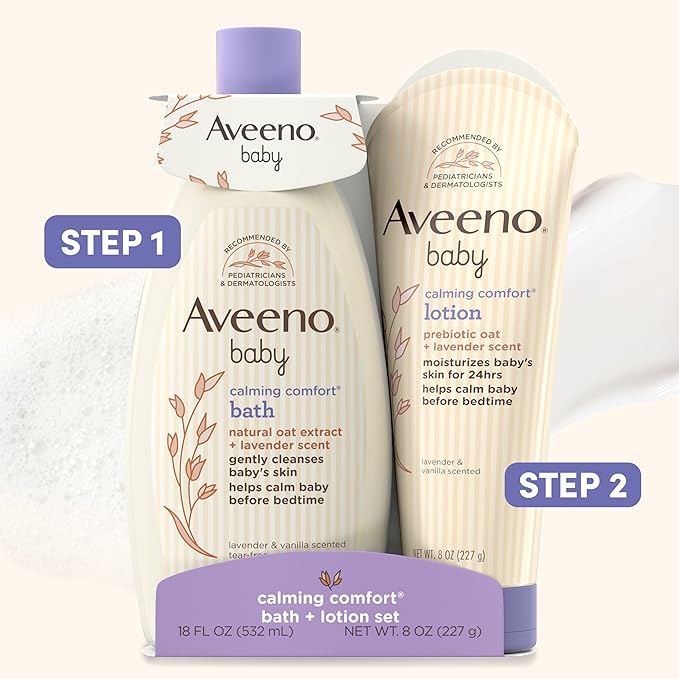 Aveeno Baby Calming Comfort Bath & Body Lotion Set, Nighttime Baby Skin Care Products with Nourishing Oatmeal Plus Relaxing Lavender & Vanilla Scents, Paraben- & Phthalate -Free, 2 Items