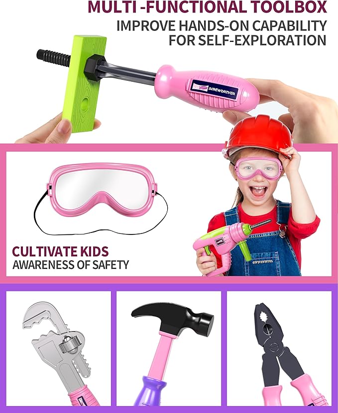 Deejoy 54Pcs Large Kids Tool Set with Electric Saw & Electronic Toy Drill, Pretend Play Kids Construction Set for Toddler 3-5 Years Old, Toddler Tool Set-Pink