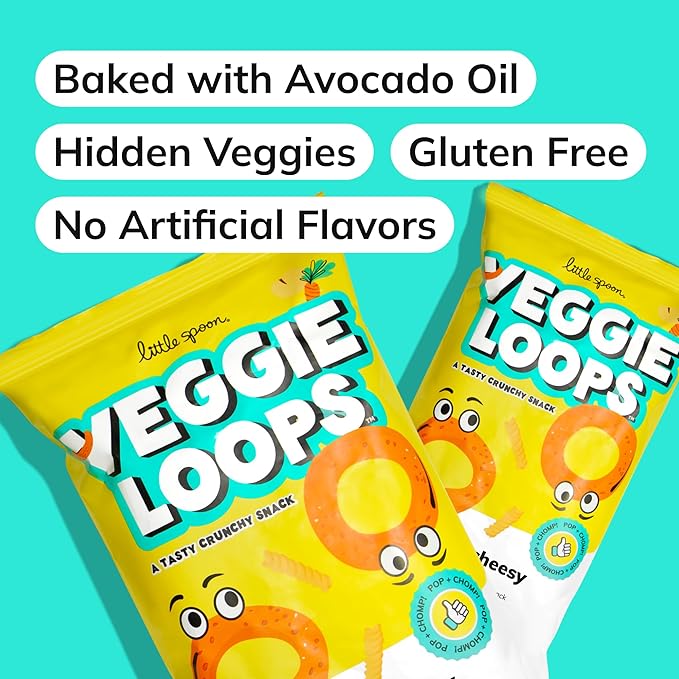 Little Spoon Mac and Cheesy Veggie Loops, Chickpea and Carrot Snack, Baked Not Fried, Avocado Oil, Hidden Veggies, Tastier Snacks for Kids, 3g Protein, Gluten-Free, 4 Pack