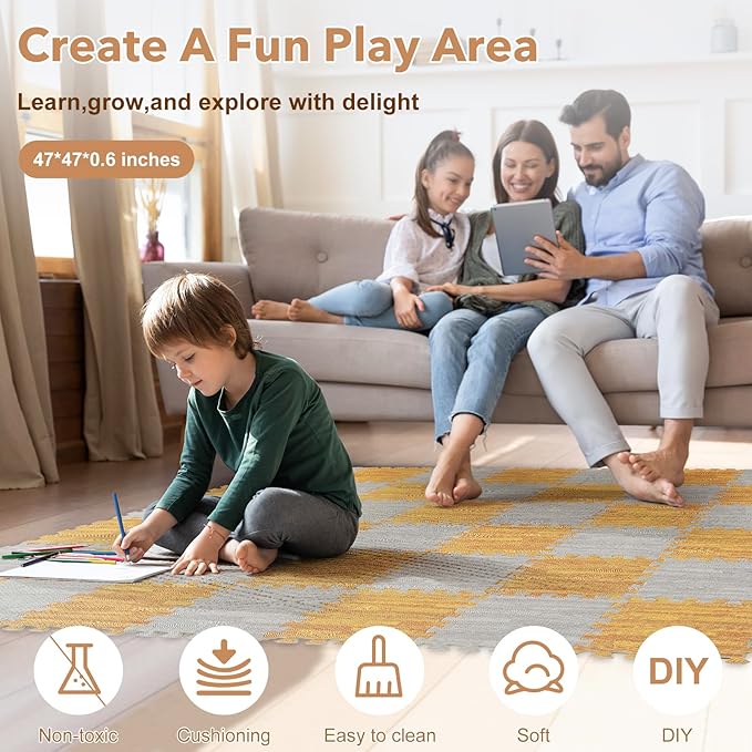 Skyweaver 24 Tiles Soft Non-Toxic Baby Play Mat for Floor EVA Foam Jigsaw Puzzle Play Mat, Interlocking Squares with 0.6inch for Babies, Toddlers & Kids Gym, Nursery, Playroom, Gray