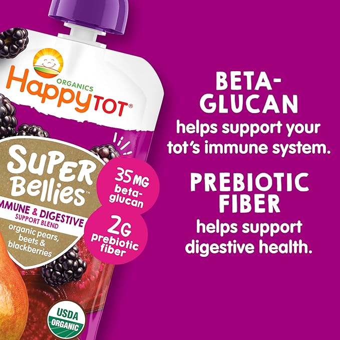 HAPPYTOT Organics Stage 4 Baby Food Pouches, Gluten Free, Vegan Snack, Super Bellies, Fruit & Veggie Puree, Variety Pack, 4 Ounce (Pack of 16), Amazon Exclusive