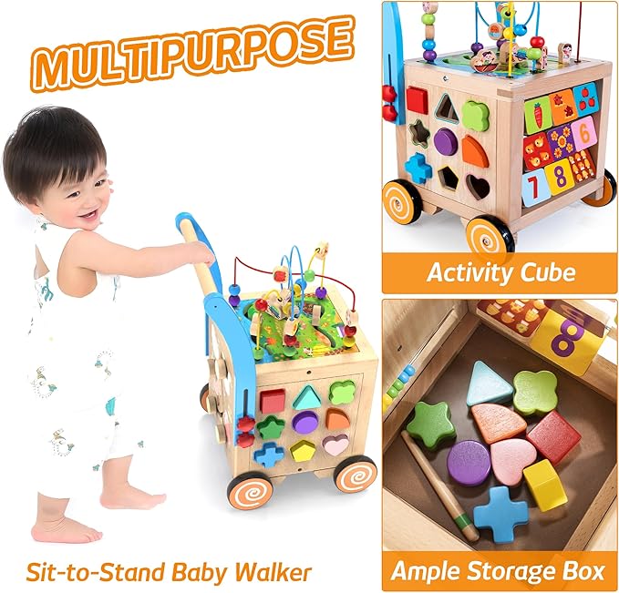 Wooden Baby Walker | Baby Push Walker with 9-in-1 Activity Cube, Sit to Stand Learning Walker Toy with Wheels for Boys Girls, Montessori Activity Center Walker, Adjustable Speed & Height