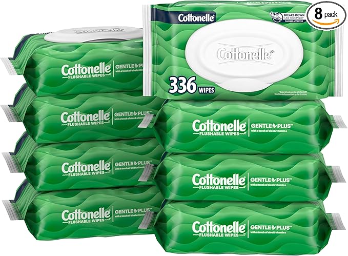Cottonelle GentlePlus Flushable Wet Wipes with Aloe & Vitamin E, 8 Flip-Top Packs, 42 Wipes Per Pack (336 Total Wipes), Packaging May Vary