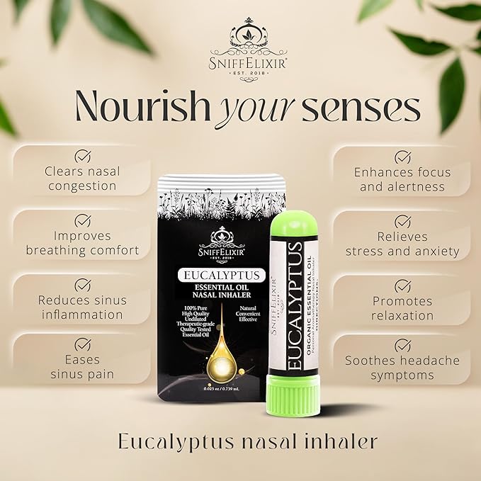 Eucalyptus Nasal Inhaler with Essential Oils for Adults - Natural Aromatherapy Stick for Breathing, Portable