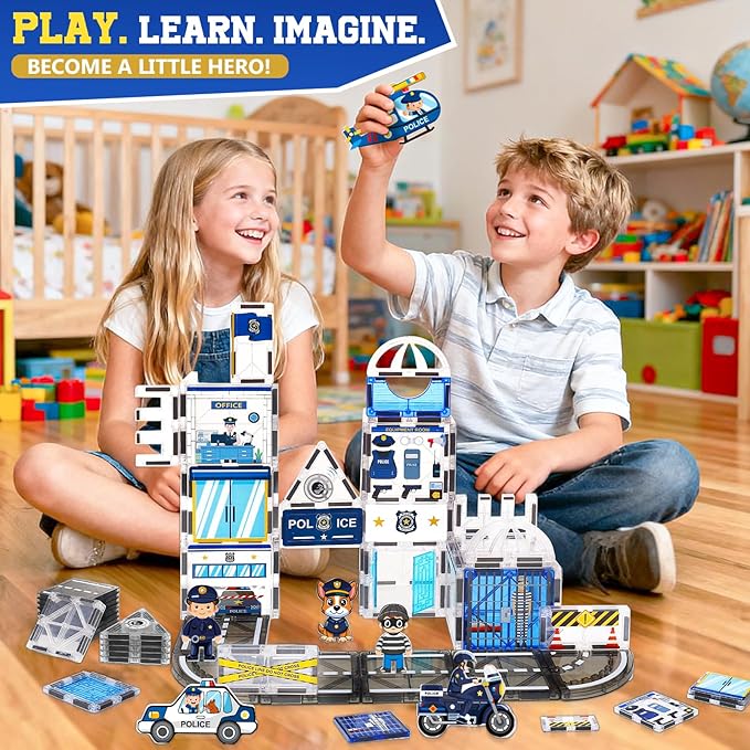 60PCS Police Station Magnetic Tiles Set with 6 Magnetic Dolls,Magnet Tiles Building Blocks for kids,Toy for Boys 3-5 4-8-12 Gifts,STEM City Police Toys Include Policeman,Puppy,Criminal,Vehicles,Prison