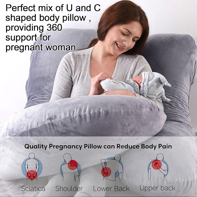 Pregnancy Pillows for Sleeping, U Shaped Full Body Maternity Pillow with Removable Cover - Support for Back, Legs, Belly, HIPS for Pregnant Women,Pregnancy Pillow, Grey