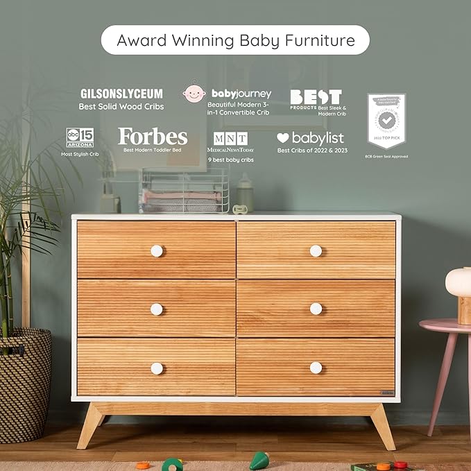 dadada Baby Merry 6-Drawer Dresser – Modern Nursery Dresser with Natural Wood Fronts, Soft-Close Drawers, Anti-Tip Safety Kit, Baby-Safe Finish – Spacious Storage for Nursery & Home (White/Natural)
