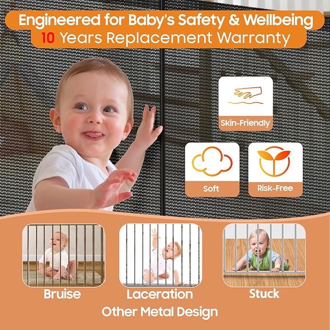180" Extra Wide Retractable Baby Gates for Large Openings, 42" Extra Tall with Support Rods, Prevent Crawling, Mesh Dog/Pet Gate for Stairs/Doorways, Indoor/Outdoor Use