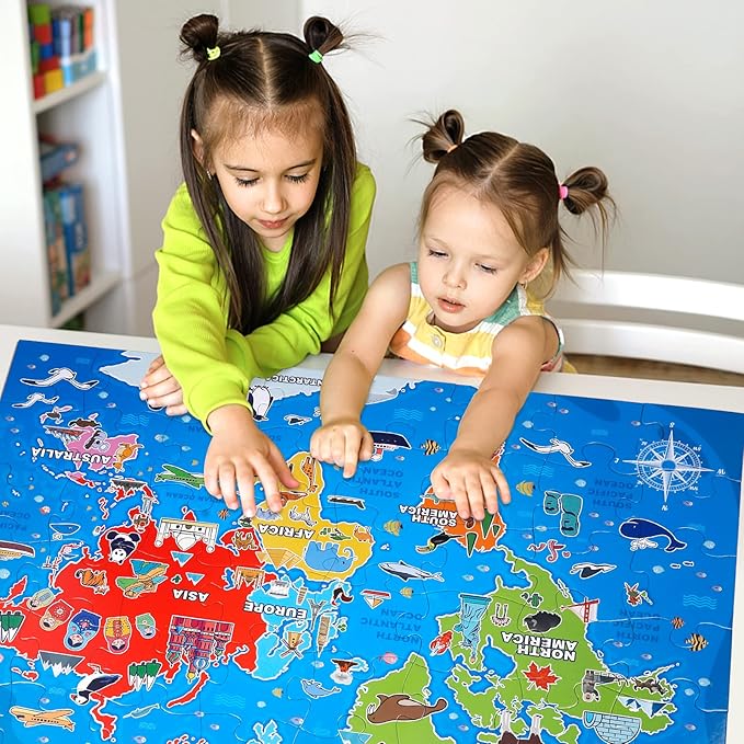 Jumbo Floor Puzzle for Kids,World Map Jigsaw Geography Puzzles,48 Piece Globe Atlas Puzzle with Continents,United States Puzzle for Ages 3-5,Preschool Learning Toys Gift for 4-8 Years Old