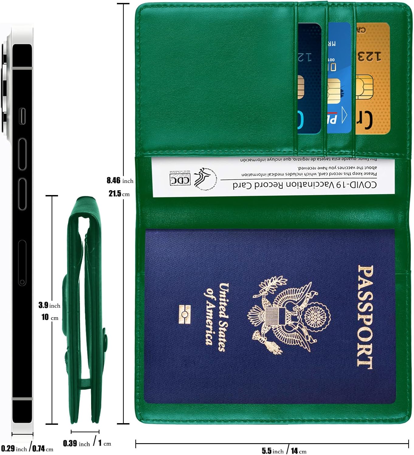 Passport Holder and Vaccine Card Holder Combo with Passport Cover Wallet Travel Passport Wallet Case for Men and Women (Green)