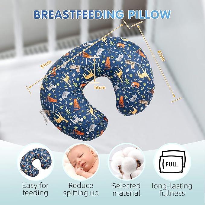 LAT Nursing Pillow for Breastfeeding,100% Cotton Removable Cover,Ergonomic Breast Feeding Pillows for Mom and Baby,Machine Washable(Blue Zoo)