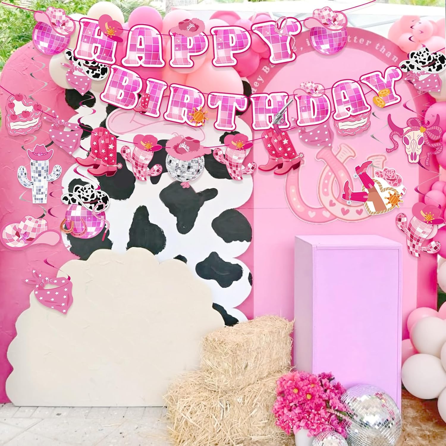 Disco Cowgirl Birthday Party Decorations, Pre-strung Happy Birthday Banners and 12 Hanging Swirls, Western Disco Theme Party Supplies for Girls, Teens, or Adults