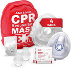 Adult and Infant CPR Mask Combo Kit – 4-Pack – 8 Valves, 4 Gloves, 8 Alcohol Pads – Latex-Free, Portable Pouch for First Responders