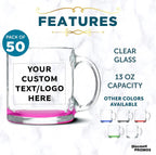 Custom Libbey Clear Glass Coffee Mugs 13 oz. Set of 50, Personalized Bulk Pack - Perfect for Coffee, Tea, Espresso, Hot Cocoa, Other Beverages - Pink Bottom