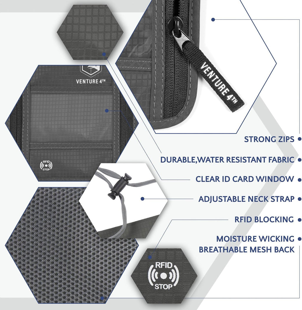 VENTURE 4TH Passport Holder Neck Wallet with RFID Blocking Nylon Lining - Hidden Neck Pouch for Travel (Gray)