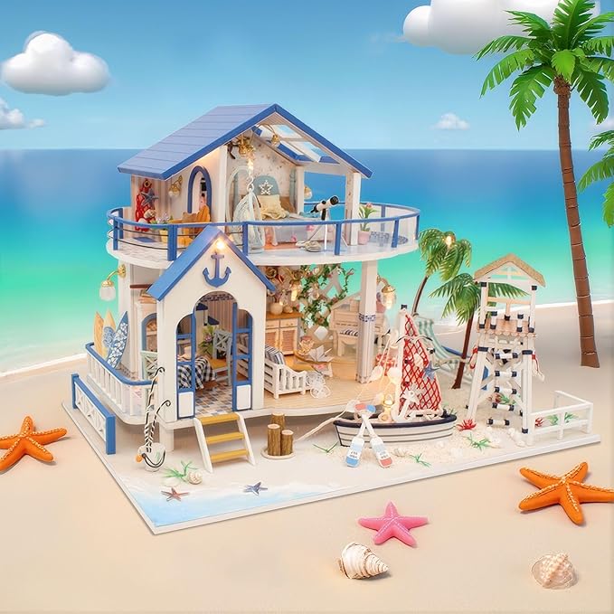 DIY Miniature Dollhouse Kit, Mini House Building Kit for Adults, Tiny House Making Kits with LED Light, Hobby Craft Christmas Decorations Birthday Gifts for Adults (Blue Sea Story)