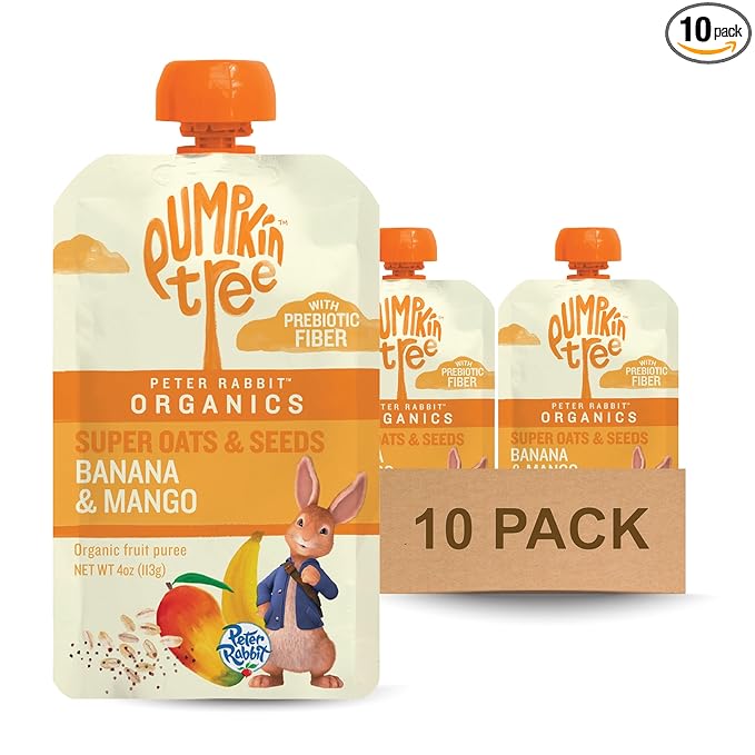 Pumpkin Tree Peter Rabbit Organics Super Oats & Seeds, Puree Squeeze Pouch, Banana & Mango, 4 Ounce (Pack of 10)