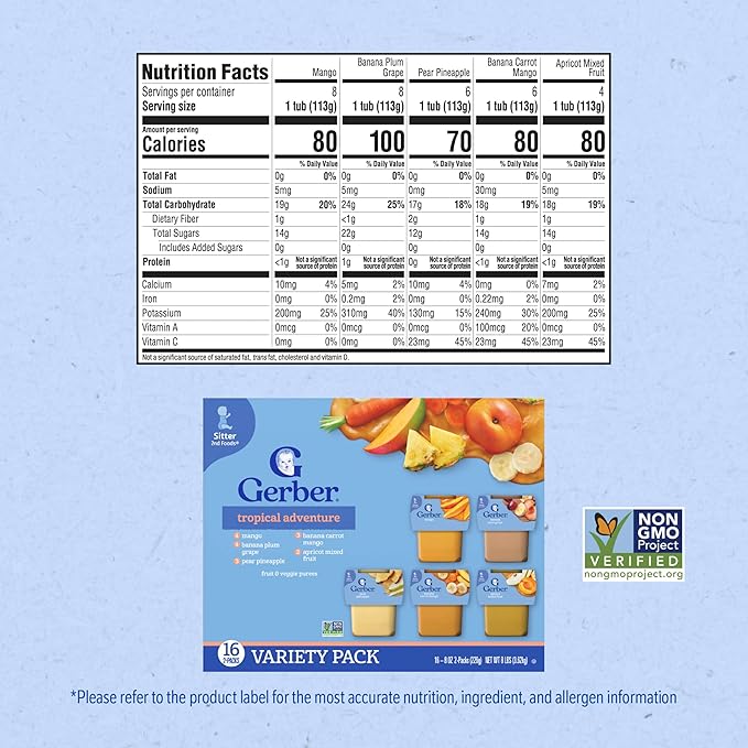 Gerber Stage 2 Baby Food, Tropical Adventure Puree Tubs, No Added Colors or Flavors, Baby Puree, Variety 32-Pack