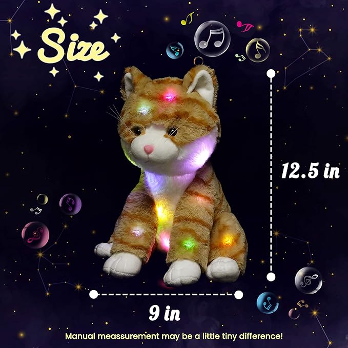 Hopearl LED Musical Stuffed Kitty Lighting Up Singing Plush Cat Adjustable Volume Lullaby Animated Soothe Birthday Festival for Kids Toddler Girls, Orange, 12.5''