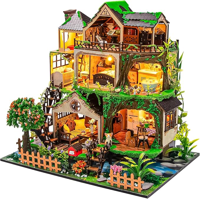 Spilay Miniature Dollhouse Miniature House Kit,DIY Kit Mini Modern Villa Model with Music Box ，Best Christmas Birthday Gift.(Fairy Tale Forest)