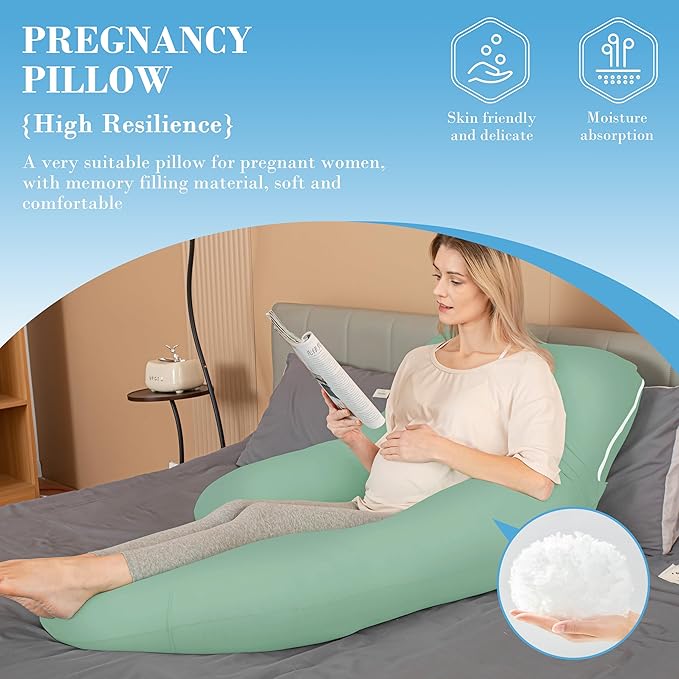 Cute Castle Cooling Cover Pregnancy Pillows, Soft U-Shape Maternity Pillow with Removable Cover - Full Body Pillows for Adults Sleeping - Pregnancy Must Haves - Jumbo 57 Inch - Green