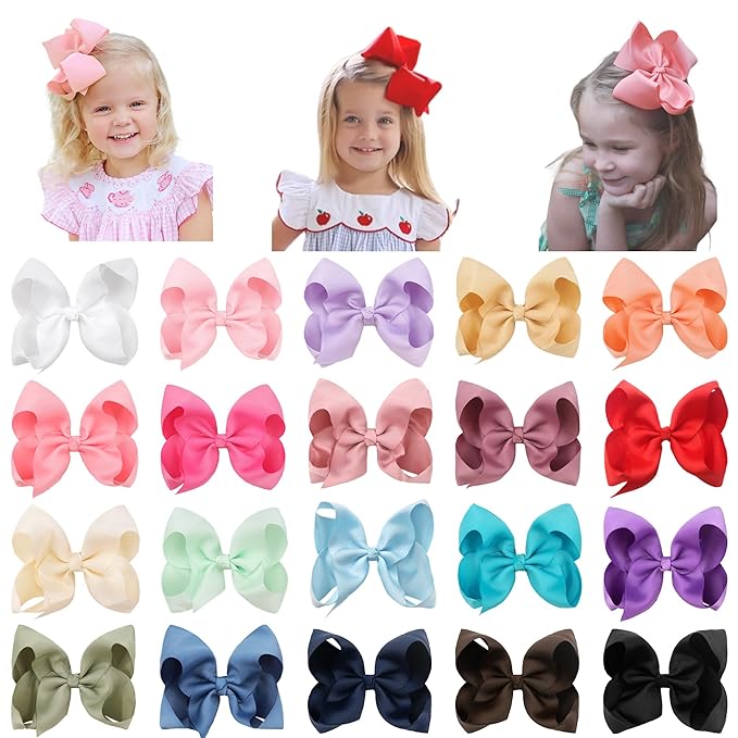 CÉLLOT 20PCS Big 6 Inch Hair Bows for Girls Grosgrain Ribbon Bow Toddler Back to School Hair Accessories with Alligator Clips for Toddlers Schoolgirls Kids Teens