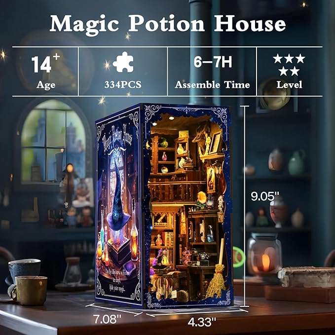 Book Nook Kit, DIY Miniature House Kit, Mini House Building Kit, Miniature Dollhouse Kit for Adults and Teens, 3D Wooden Puzzles with LED Light, Bookshelf Craft Kit (Magic Potion House)