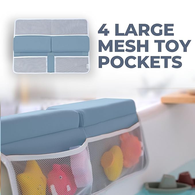 Comfortable Baby Bath Kneeler and Elbow Rest Pad Set – Thick Memory Foam Bath Kneeling Pad with Elbow Support – Baby Bathtub Cushion with Toy Organizer for Bathing Infant or Toddler - Blue