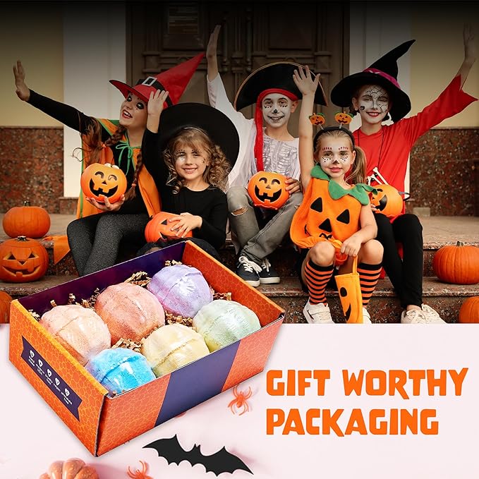 Halloween Bath Bombs for Kids with Surprise Halloween Toys Inside (6 Pack) - Large Pumpkin Bath Bombs for Kids, Boys, Girls & Teens – Spooky Boo Basket Stuffers for Kids - Made in USA by Two Sisters