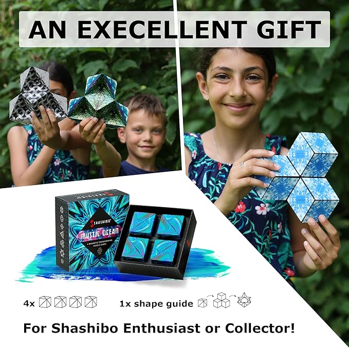 Shashibo Shape Shifting Box - Award-Winning, Patented Fidget Cube w/ 36 Rare Earth Magnets - Transforms Into Over 70 Shapes, Gift Box, Download Fun in Motion Toys Mobile App (Mystic Ocean, 4 Pack)
