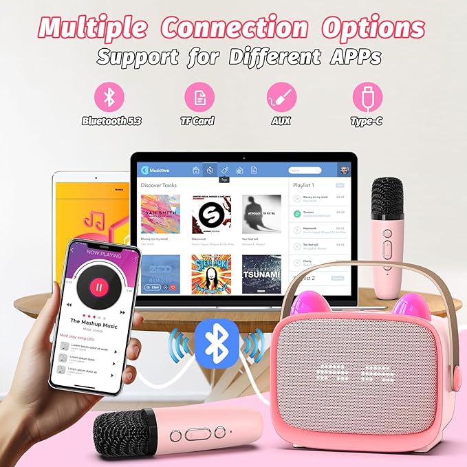 Mini Karaoke Machine Toys Gifts,Kids Portable MP3 Player with 2 Wireless Microphone and LED,Christmas Birthday Gifts for Girls Boys 3 4 5 6 7 8+ Year Old (Pink)