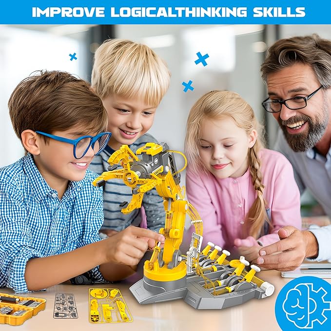 SMIESSKIDDO 3 in 1 Hydraulic Robot Arm - 220 Pcs STEM Building Toys with 4-Jaw Grab, Suction & Tongs for Kids 8-12 | No Batteries Needed Engineering Gift for Boys & Girls Ages 9 10 11