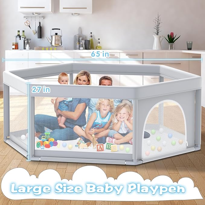 Baby Playpen 65x65 Inch, Large PlayPen for Babies and Toddlers Hexagonal Type Baby Play Yards for Toddlers Infants