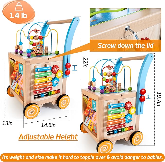 Wooden Baby Walker | Baby Push Walker with 9-in-1 Activity Cube, Sit to Stand Learning Walker Toy with Wheels for Boys Girls, Montessori Activity Center Walker, Adjustable Speed & Height