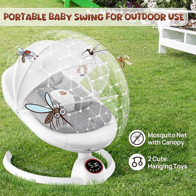 Baby Swings for Infants to Toddler, Portable Baby Swing with Extra Pad, Electric Infant Swing with 5 Speeds and Bluetooth Music, Indoor & Outdoor