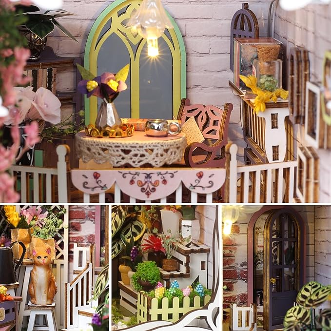 TuKIIE DIY Book Nook Miniature Kit, Booknook Dollhouse Bookshelf Insert with Sensor Light & Dust Proof, Wooden Decorative Bookend Stand Model Kits for Kids Teens Adults(Flower House)