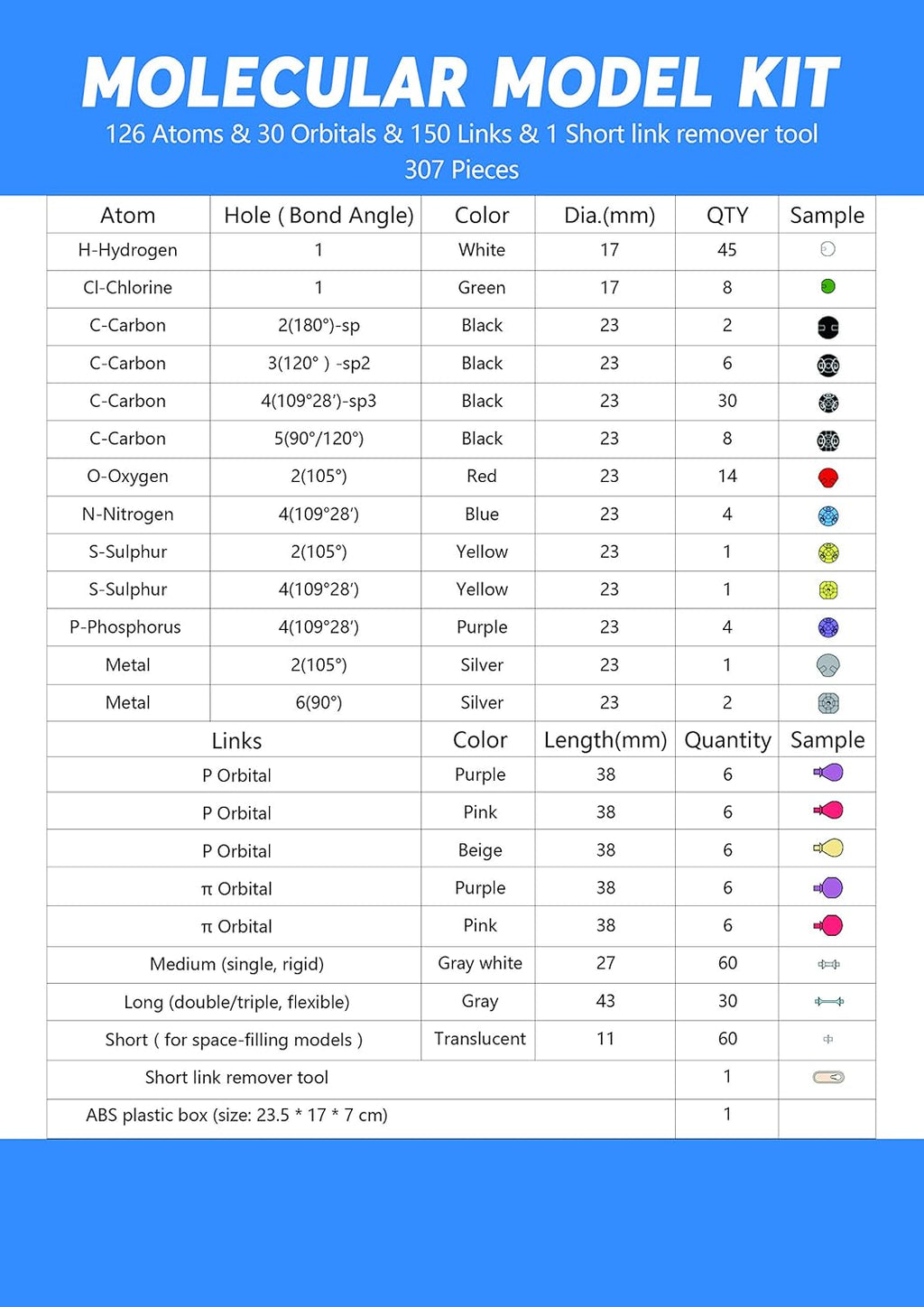Swpeet 307 Pcs Molecular Model Kit for Organic and Inorganic Chemistry - Chemistry Molecular Model Student and Teacher Set - 126 Atoms & 30 Orbitals & 150 Links & 1 Short Link Remover Tool