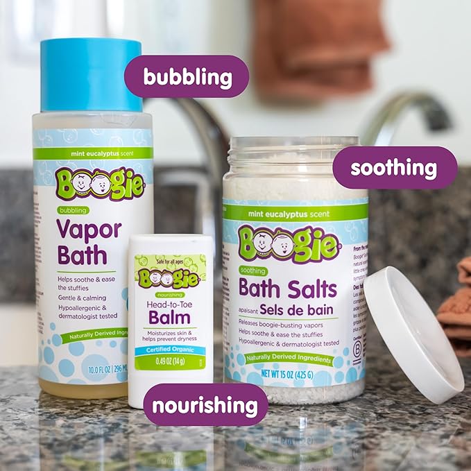 Boogie Spa Kit, Includes Boogie Kids Bath Salts, Eucalyptus, 15 oz (Pack of 1) Vapor Bath 10 Fl oz (Pack of 1) Chest Rub Stick 0.49 oz (Pack of 1)