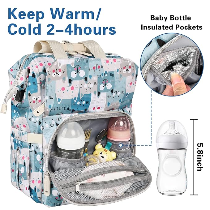 Jiefeike Diaper Bag Backpack,Baby Bags for Mom Dad Girls Boys,15.6inch Cat Dog Travel Baby Diaper Bags with Insulated Pockets,USB Charging Port,RFID Anti-Theft Water-Resistant Pocket