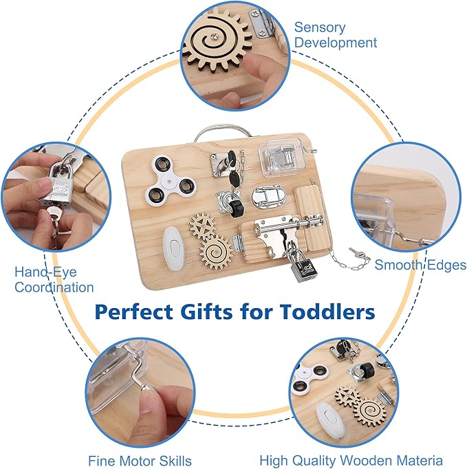 Wooden Montessori Toys Busy Board for 1 2 3 4 Year Old, Baby Toddler Sensory Toys, for Fine Motor Skills, for Autism ADHD