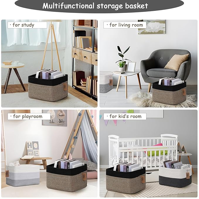 COMFY-HOMI Cotton Rope Woven Basket with Handles for Shelves,Toys,Book, Cloth Storage Baskets Bin for Organizing-13.5"x11"x9.5" Toy Decorative Organizer for Living Room, Bathroom-Black/Jute