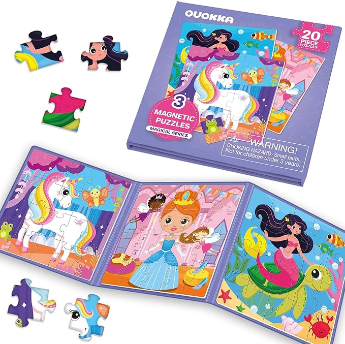 QUOKKA Magnetic Toddler Puzzles Ages 2-4 – 24 Pieces Kids Puzzles Ages 3-5 – Travel Games and Toys for Kids 4-6 Girls – Car Airplane Road Trip Activities with Unicorn, Princesses, Fairies and Mermaids
