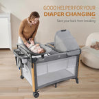 JOYMOR 7 in 1 Bedside Bassinet with Changing Table, All in One Nursery Center, Bedside Sleeper with Mattress, Sheet, Canopy, Storage Shelf,Gray