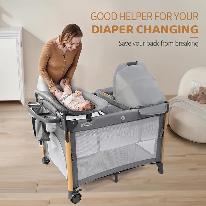 JOYMOR 7 in 1 Bedside Bassinet with Changing Table, All in One Nursery Center, Bedside Sleeper with Mattress, Sheet, Canopy, Storage Shelf,Gray