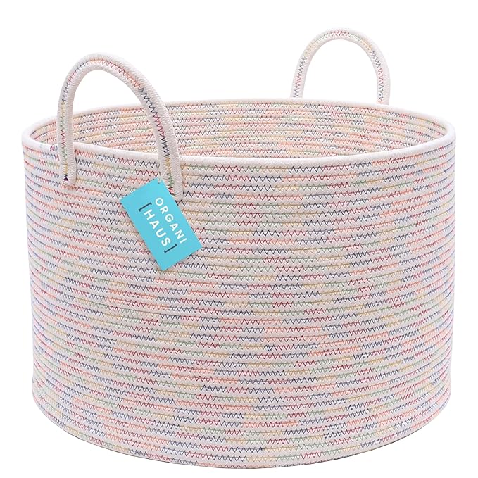 OrganiHaus Toy Storage Basket for Kids, Large Cotton Rope Organizer Bin for Nursery, Toy Box, Blanket Holder, Baby Hamper for Living Room, Soft & Washable, 20x13 inches - Rainbow