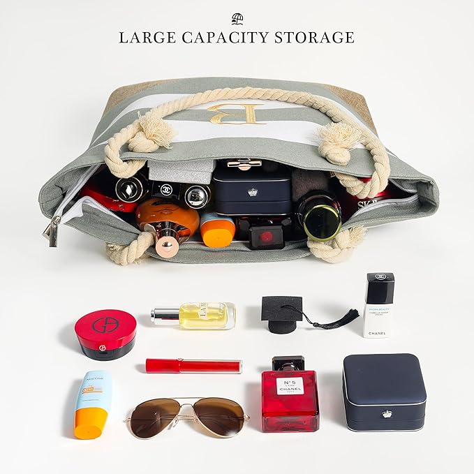 YOOLIFE Initial Canvas Waterproof Beach Tote Bag Zipper Personalized Gifts for Women Her Birthday Travel Beach Essential