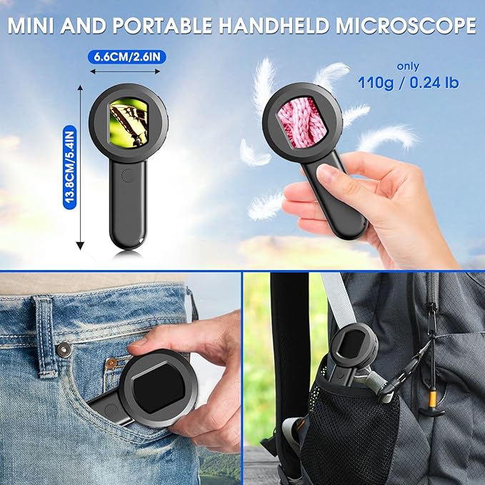 Pocket Digital Microscope for Adults Kids: 100X Handheld Magnifying Glass with Light, USB Coin Magnifier for Collector, Portable Jewelers Loupe with 2" Screen, Mini Scope for Trichome