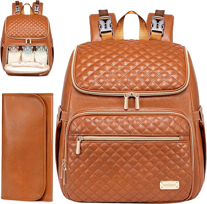 Weitars Diaper Bag Backpack Leather Baby Diaper Bag with Changing Pad Travel Diaper Backpack,Baby Bag for Mom,Stroller Straps,5 Insulated Pockets (Brown Leather)