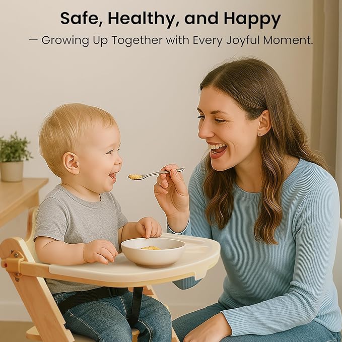 High Chair for Babies and Toddlers, Wooden Highchair with Adjustable Seat & Convertible Footrest Heights, Baby Feeding Chair with Safety Harness & Removable Double Layer Tray